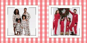 families wearing matching pajamas with a red gingham border