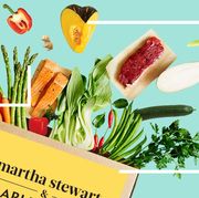 fresh vegetables, fruits, and other ingredients flying out of a food subscription box