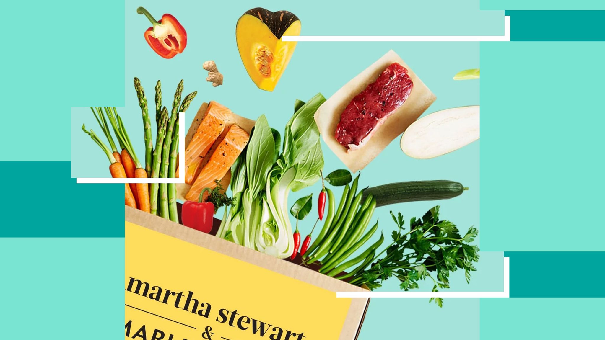fresh vegetables, fruits, and other ingredients flying out of a food subscription box