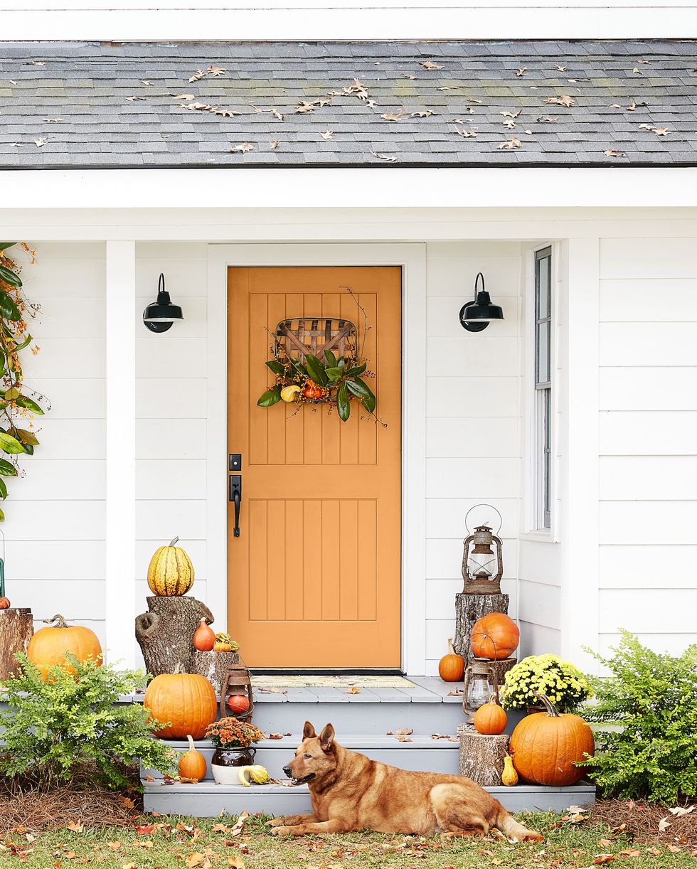 white exterior with orange front door and stairs covered in wood stumps and pumpkins