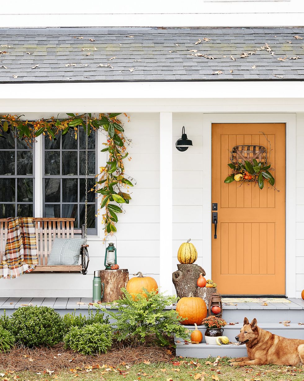 fall doorway, autumn decor orange front door, fall decorating ideas, front porch