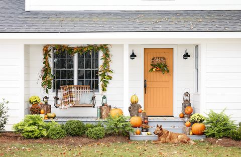 fall doorway, autumn decor orange front door, fall decorating ideas, front porch