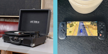 victrola record player, one mobile gaming controller for iphone