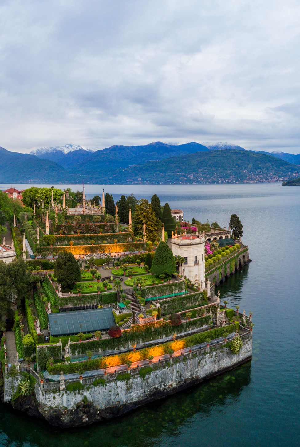 aerial view of the baroque gardens of isola bella, an island on lake maggiore