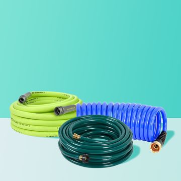 garden hoses on blue background
