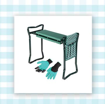 retractable garden hose and a garden working and kneeling bench on a blue and white gingham background