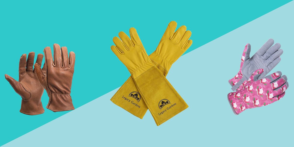 best gardening gloves three gloves one brown leather one yellow with long cuff one pink floral print