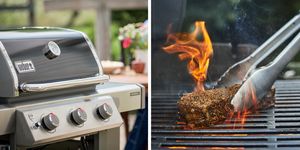 weber gas grill next to steak on grill