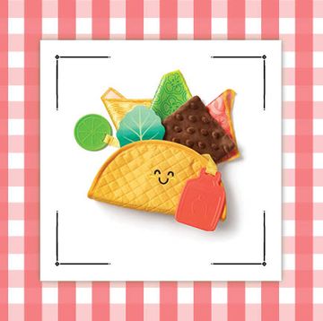 a sensory taco toy and a mushroom doll with red gingham border