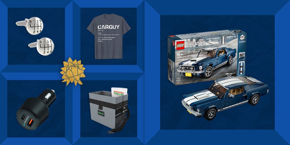 best gifts for car lovers including shirts, car trash cans, usb c 48w car charger adapters, lego ford mustang 10265 building kits, 6 speed gear shift cuff links, and more