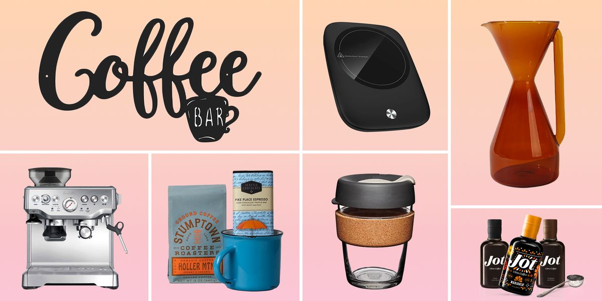 best gifts for coffee lovers including coffee bar signs, mug warmers, reusable coffee cups, coffee packages, coffee makers, and more