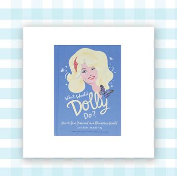 a blue and white background with a blue dolly parton book on the left and a gray dolly parton sweatshirt on the right