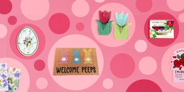 spring novelty towels, portmeirion botanic garden devilled egg plate, welcome peeps easter doormat, spring tulip candle, floral elixir co the classics flower cocktail kit, tonymoly i'm real sheet mask collection