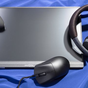 a gaming controller, headset, mouse, and monitor