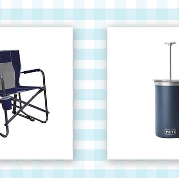 a blue and white background with a blue lawn chair and a navy blue french press on it