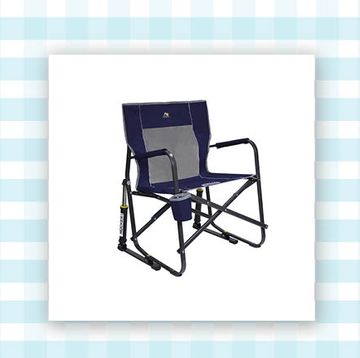 a blue and white background with a blue lawn chair and a navy blue french press on it