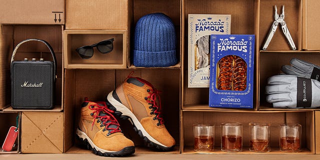 speaker, sunglasses, hat, mercado famous meats, multitool, carhartt gloves, mountain glasses, hiking boots, palmer knife