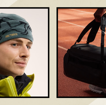 a man wearing an arc'teryx beanie next to a man holding a stubble and co gym bag