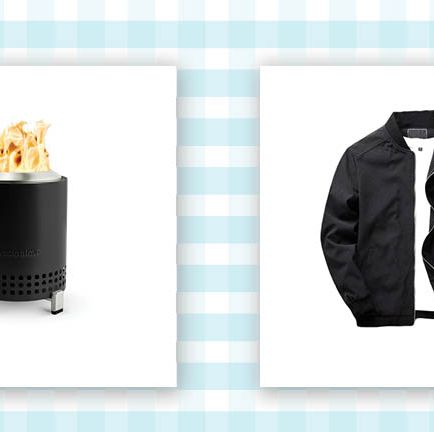 a black and silver fire pit and a black bomber jacket on a blue and white gingham backgrund