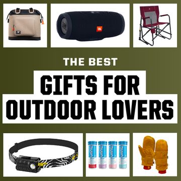 best gifts for outdoor lovers including jackets, cork massager balls, fold up chairs, earbuds, multitools, jackets, headlamps, gloves, insulated mugs, and more