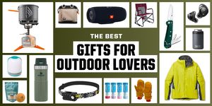 best gifts for outdoor lovers including jackets, cork massager balls, fold up chairs, earbuds, multitools, jackets, headlamps, gloves, insulated mugs, and more