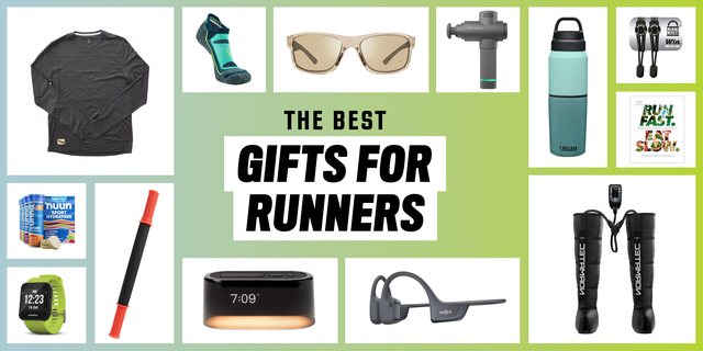 collection of running related gift items laid out on a gradient background