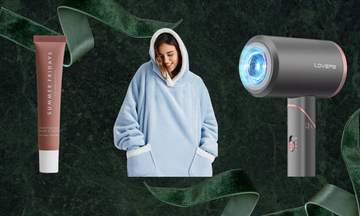 product arrangement featuring lip balm a cozy blue hoodie and a hair dryer