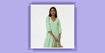 woman in green gingham dress