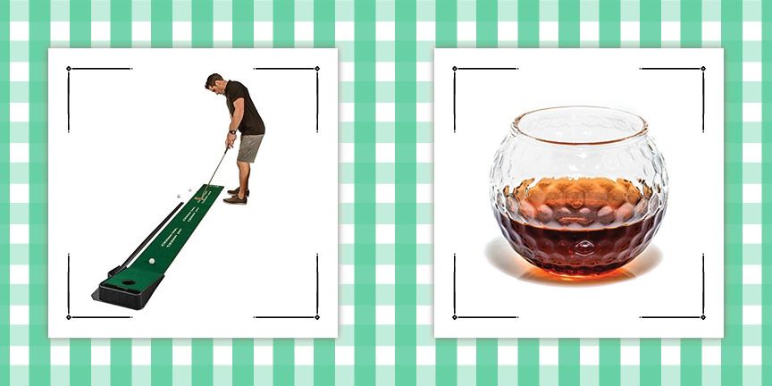 man practicing on an indoor putting green and golf ball shaped whiskey glass, examples of best gifts for golfers