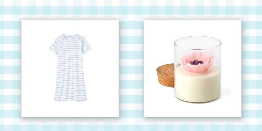 short sleeve crewneck nightgown in light blue and white horizontal stripe print and candle with pink poppy flower on top