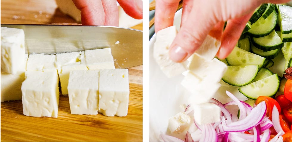 a person cutting feta cheese