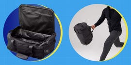 black duffle bag with interior compartments and a person running with a backpack