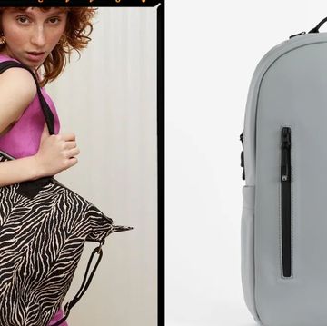 a zebra print weekend bag from oliver bonas and a stubble and co pale grey backpack for gym stuff