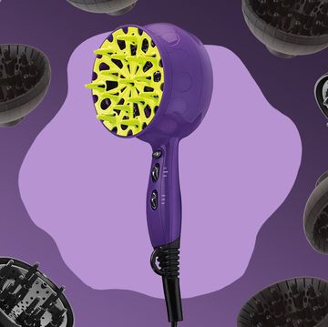 hair diffuser dryer with different attachments around it on a purple background
