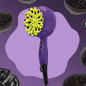 hair diffuser dryer with different attachments around it on a purple background