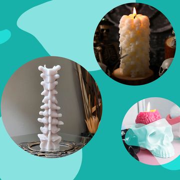 halloween candles that look like ghosts, spines, brains, skulls, crows, and more