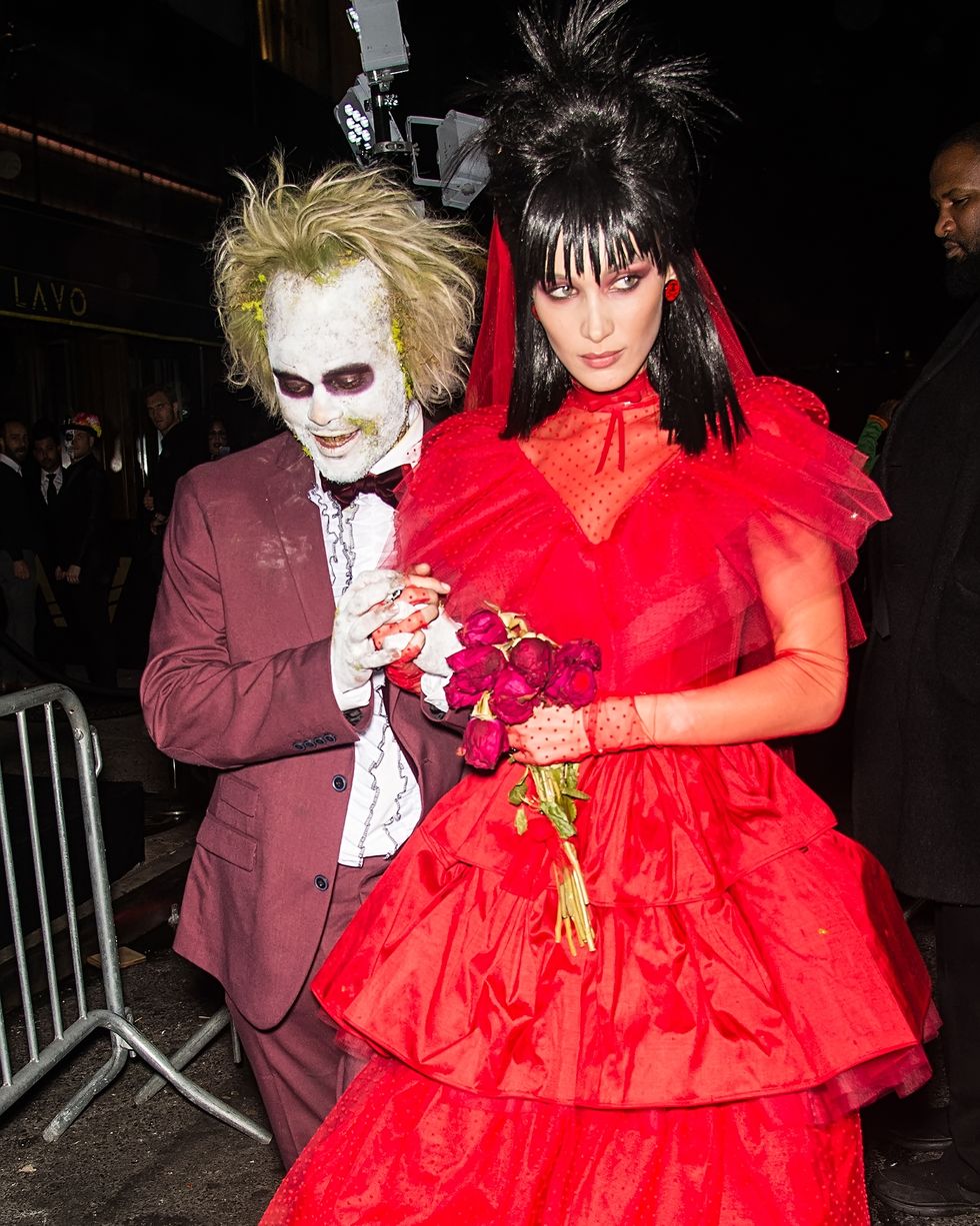 new york, ny october 31 model bella hadid and singer the weeknd are seen leaving heidi klums 19th annual halloween party at lavo nyc on october 31, 2018 in new york city photo by gilbert carrasquillogc images