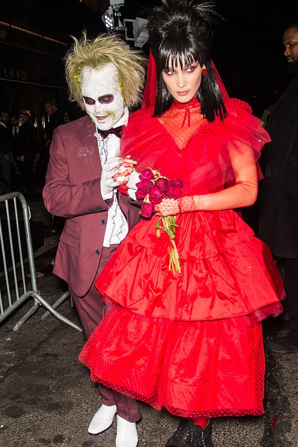 new york, ny october 31 model bella hadid and singer the weeknd are seen leaving heidi klums 19th annual halloween party at lavo nyc on october 31, 2018 in new york city photo by gilbert carrasquillogc images