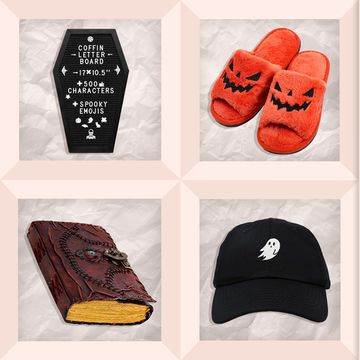 coffin letter board, orange pumpkin slippers, witches brew mug, ghost hat, spell book