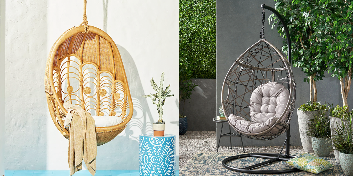 Patiorama Indoor Outdoor Egg Swing Chair with Stand, Oversized  Cocoon-Shaped Rope Woven Hanging Chair, Cushion,Safety Strap,Patio Wicker  Foldable