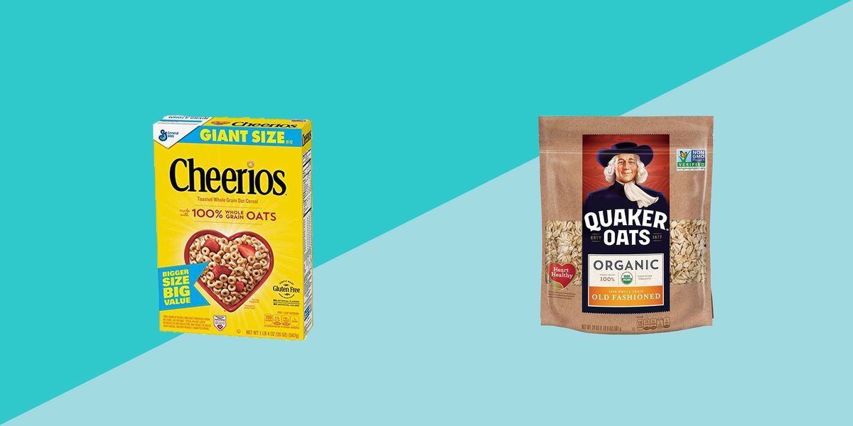 healthy cereals cheerios and quaker oats in front of two blue triangles