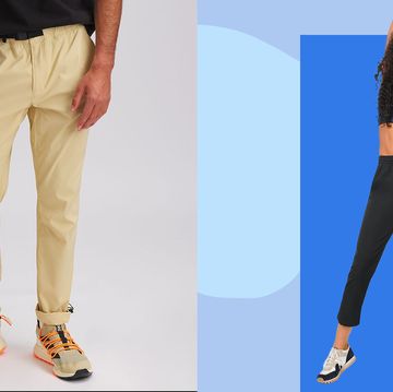 models showing off men's tan hiking pants and womens comfy hiking pants
