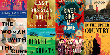 new 2023 historical fiction book covers including river sing me home, the woman with the cure, in the upper country, and hungry ghosts