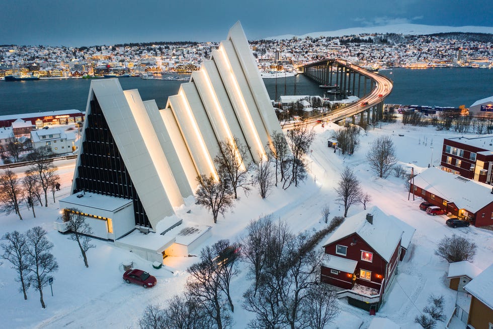 ishavskatedralen arctic cathedral and tromso bridge tromsobrua, norway