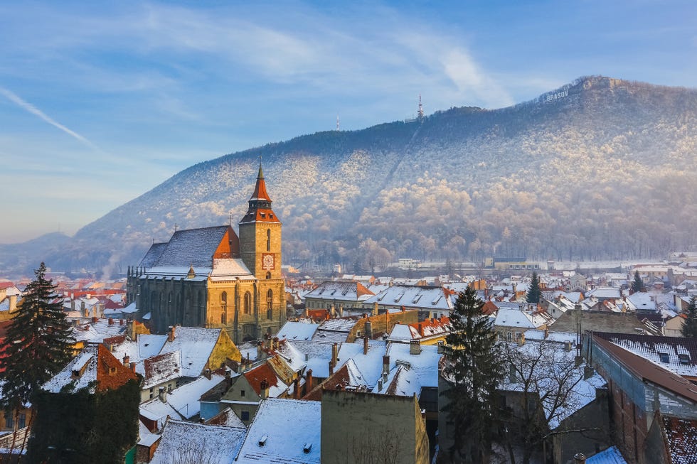 winter panorama of downtown brasov, romania