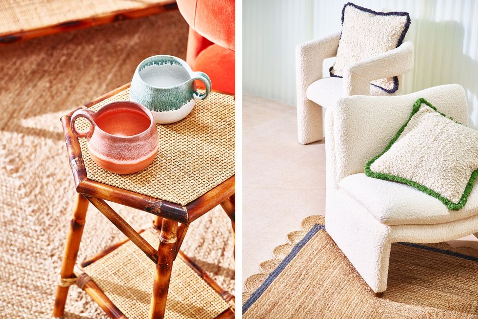 a table with a tea cup and a boucle sofa
