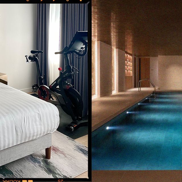 two of the best london hotels for wellness shown side by side including the canopy by hilton which has a spin bike in the room and the pool at the westin london city hotel