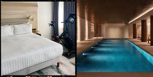 two of the best london hotels for wellness shown side by side including the canopy by hilton which has a spin bike in the room and the pool at the westin london city hotel