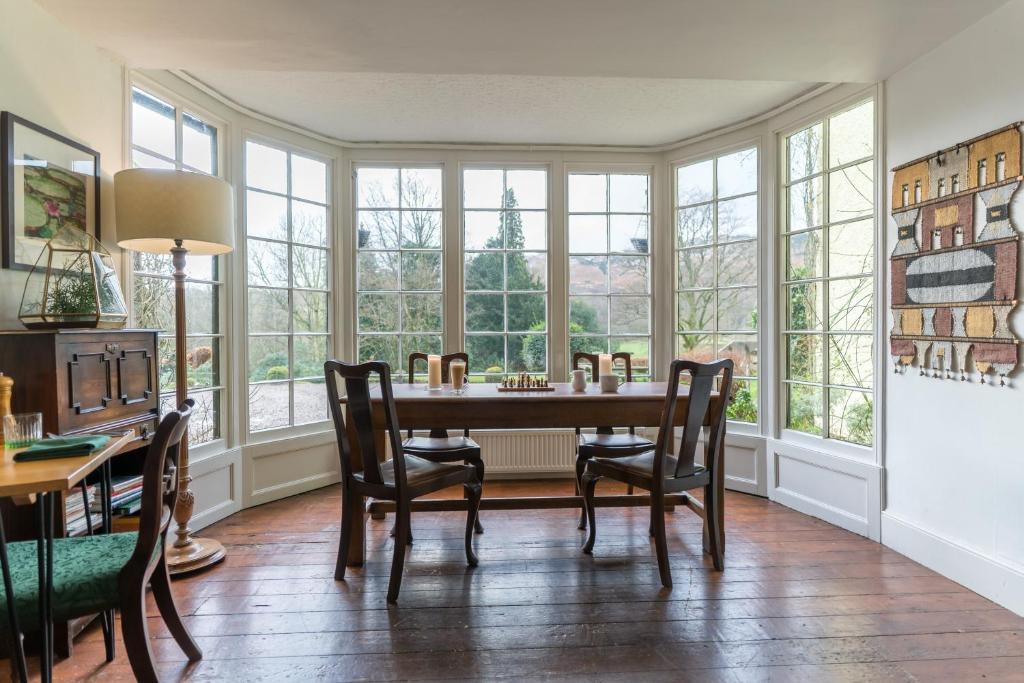 a dining room with a large window