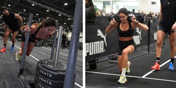 a woman competing in a fitness competition including lunges and a sled push
